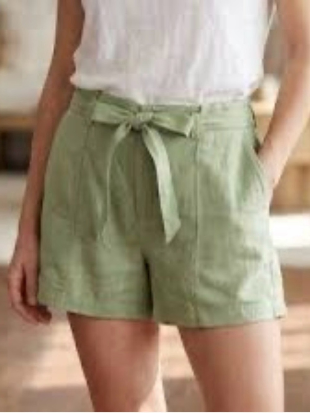 Madewell 100% Linen Paperbag Shorts Tie-Front Women’s Seedling Green 4 EUC
